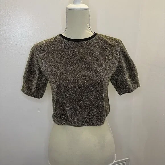 Forever 21 Gold Shimmer Puff Sleeve Crop Top Dress Shirt Size S Sparkle Glam - Picture 5 of 12